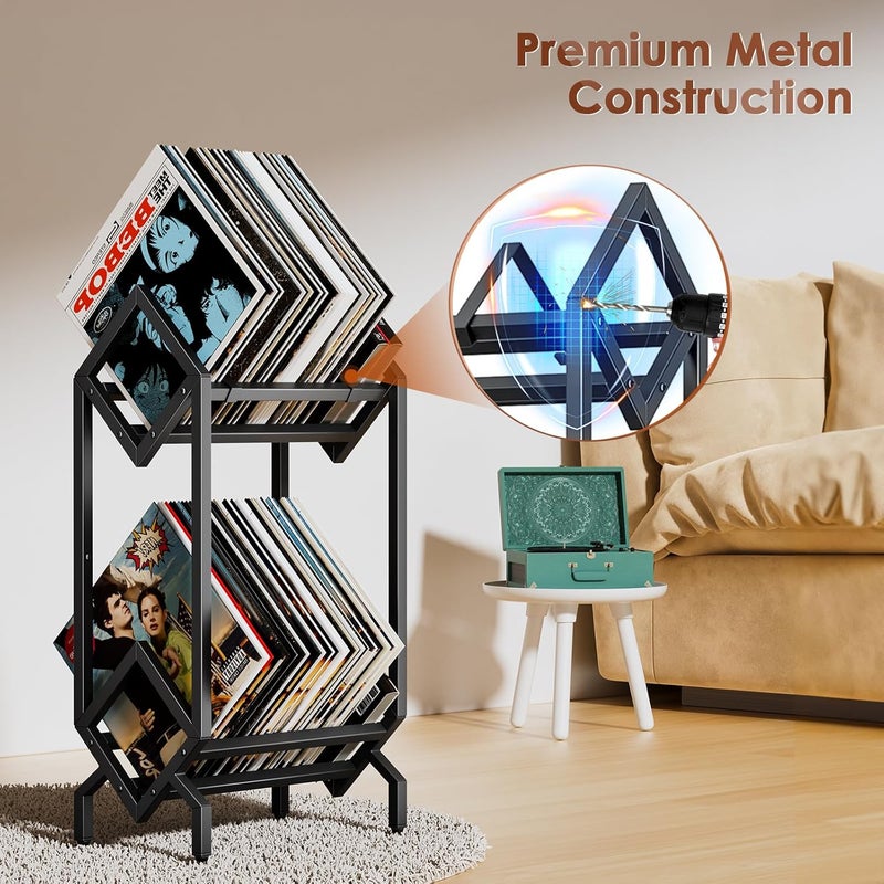 BOEASTER Store رف تخزين سجلات الفينيل، حامل السجلات 160-200 LP رف تخزين عرض للألبومات والكتب والمجلات والملفات، أسود غير لامع - Image 2